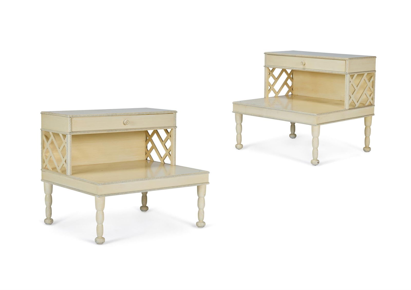 A PAIR OF CREAM AND BLUE PAINTED BEDSIDE TABLES OF LARGE SIZE, CIRCA 1970s (1 of 2)
