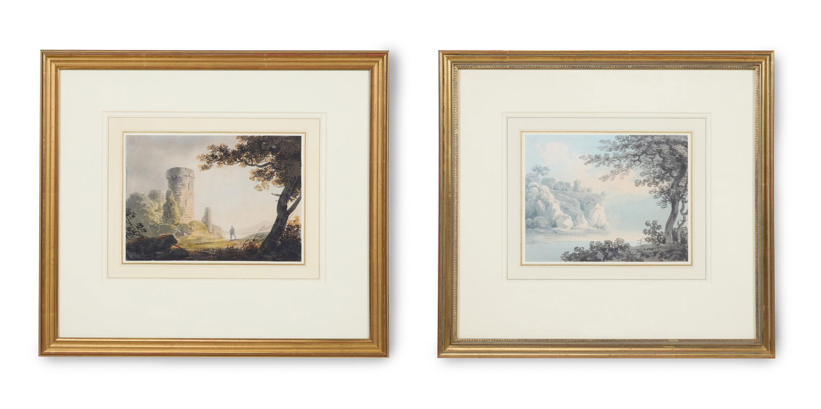 ATTRIBUTED TO WILLIAM PAYNE (BRITISH CIRCA 1760-1830): ATTRIBUTED TO WILLIAM PAYNE (BRITISH CIRCA 1760-1830)THE RUINED FOLLY; AND CASTLE ON A CLIFF ABOVE A LAKEWatercolour, pen, and grey ink, a pair16 x 22.5cm (6¼ x 8¾ in.); 16 x 21cm (6¼ x
