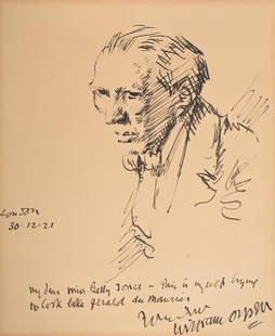 SIR WILLIAM ORPEN (BRITISH 1878-1931), SELF-PORTRAIT: SIR WILLIAM ORPEN (BRITISH 1878-1931)SELF-PORTRAITInk Signed, dedicated, inscribed My dear Miss Kelly Jones-This is myself trying/to look like Gerald du Maurier and dated London 30.12.21 (to lower edg
