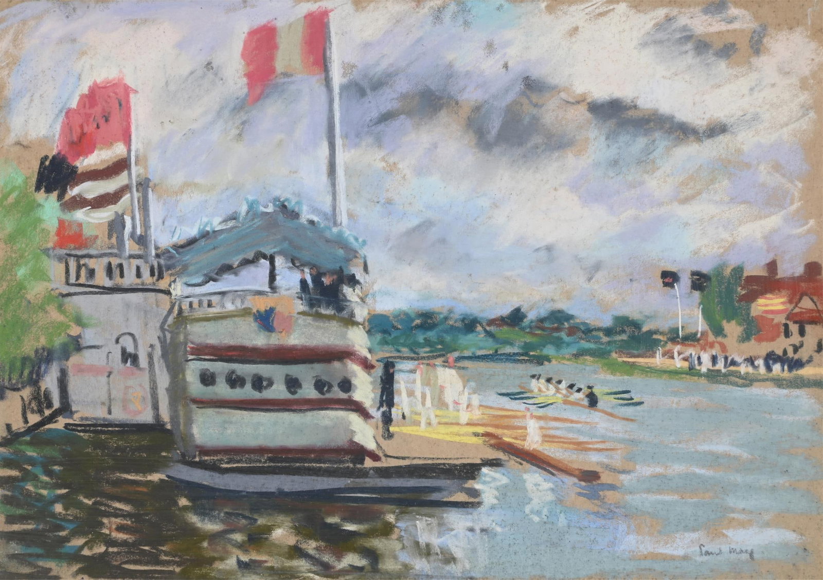 λ PAUL LUCIEN MAZE (FRENCH/BRITISH 1887-1979), ROWERS AT HENLEY ON THAMES: λ PAUL LUCIEN MAZE (FRENCH/BRITISH 1887-1979)ROWERS AT HENLEY ON THAMES, POSSIBLY HENLEY ROYAL REGATTAPastel Signed (lower right)25.5 x 36cm (10 x 14 in.)Provenance:John Noott, Broadway λ in