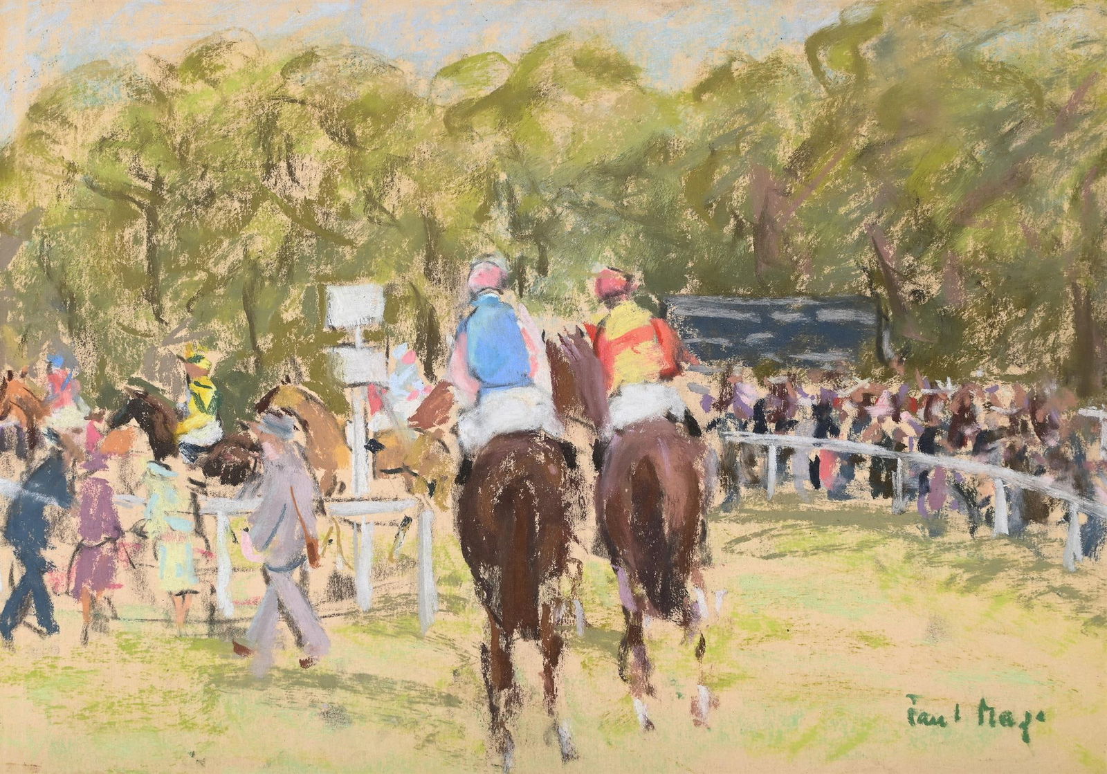 λ PAUL LUCIEN MAZE (FRENCH/BRITISH 1887-1979), GOODWOOD, GOING DOWN TO THE START: λ PAUL LUCIEN MAZE (FRENCH/BRITISH 1887-1979)GOODWOOD, GOING DOWN TO THE START Pastel Signed (lower right)29 x 40cm (11¼ x 15½ in.)Provenance:Private Collection, S. Falconer Esq.Browse