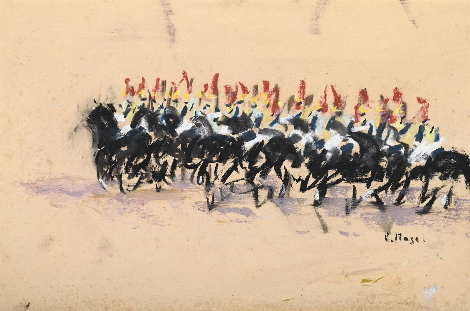 λ PAUL LUCIEN MAZE (FRENCH/BRITISH 1887-1979), HORSEGUARDS: λ PAUL LUCIEN MAZE (FRENCH/BRITISH 1887-1979)HORSEGUARDS Pastel Signed (lower right)25.5 x 37cm (10 x 14½ in.) λ indicates that this lot may be subject to Droit de Suite royalty charges