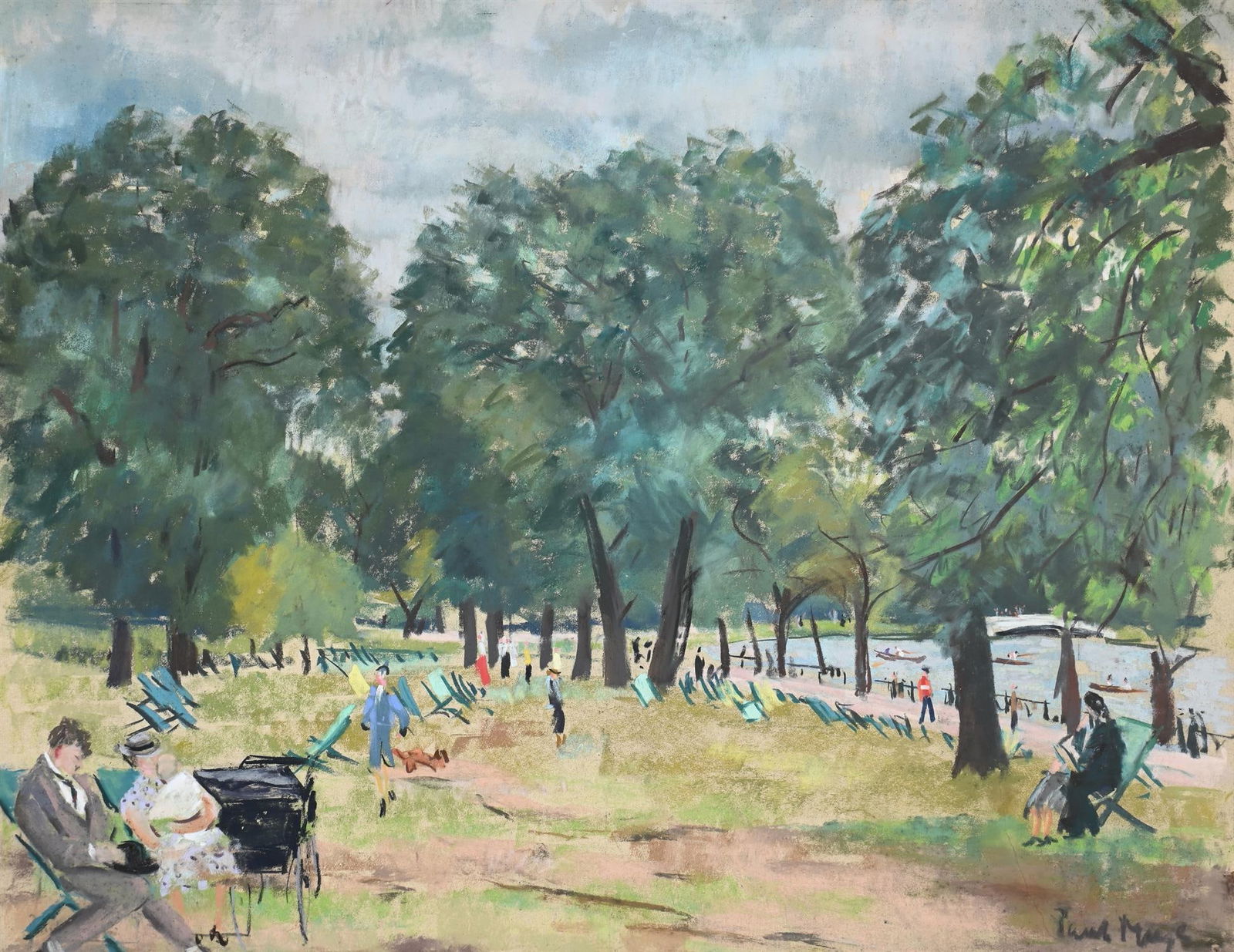 λ PAUL LUCIEN MAZE (FRENCH/BRITISH 1887-1979), FIGURES IN THE PARK, WITH BOATING ON THE LAKE: λ PAUL LUCIEN MAZE (FRENCH/BRITISH 1887-1979)FIGURES IN THE PARK, WITH BOATING ON THE LAKE Pastel Signed (lower right)54 x 72cm (21¼ x 28¼ in.) λ indicates that this lot may be sub