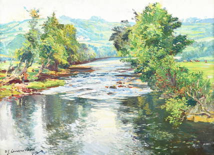 λ SAMUEL JOHN LAMORNA BIRCH (BRITISH 1869-1955), THE MORNING'S RAIN, HA'PENNY BRIDGE, HELSTON: λ SAMUEL JOHN LAMORNA BIRCH (BRITISH 1869-1955)THE MORNING'S RAIN, HA'PENNY BRIDGE, HELSTONOil on canvasSigned and dated 1953 (lower left)56 x 76cm (22 x 29¾ in.)Provenance:Waterhouse & Dodd