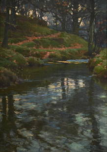 λ SAMUEL JOHN LAMORNA BIRCH (BRITISH 1869-1955), SUNLIGHT ON LAMORNA STREAM: λ SAMUEL JOHN LARMORNA BIRCH (BRITISH 1869-1955)SUNLIGHT ON LAMORNA STREAMOil on canvasSigned and dated 1900-01 (lower left)36 x 25cm (14 x 9¾ in.) λ indicates that this lot may be subj