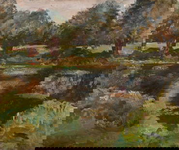 λ SIR ALFRED MUNNINGS (BRITISH 1878-1959), WILLOWS NEAR LANGHAM POOL: λ SIR ALFRED MUNNINGS (BRITISH 1878-1959)WILLOWS NEAR LANGHAM POOLOil on canvas laid to board Signed (lower right); inscribed (verso)51 x 61cm (20 x 24 in.)Provenance:Private Collection, Ralph W.