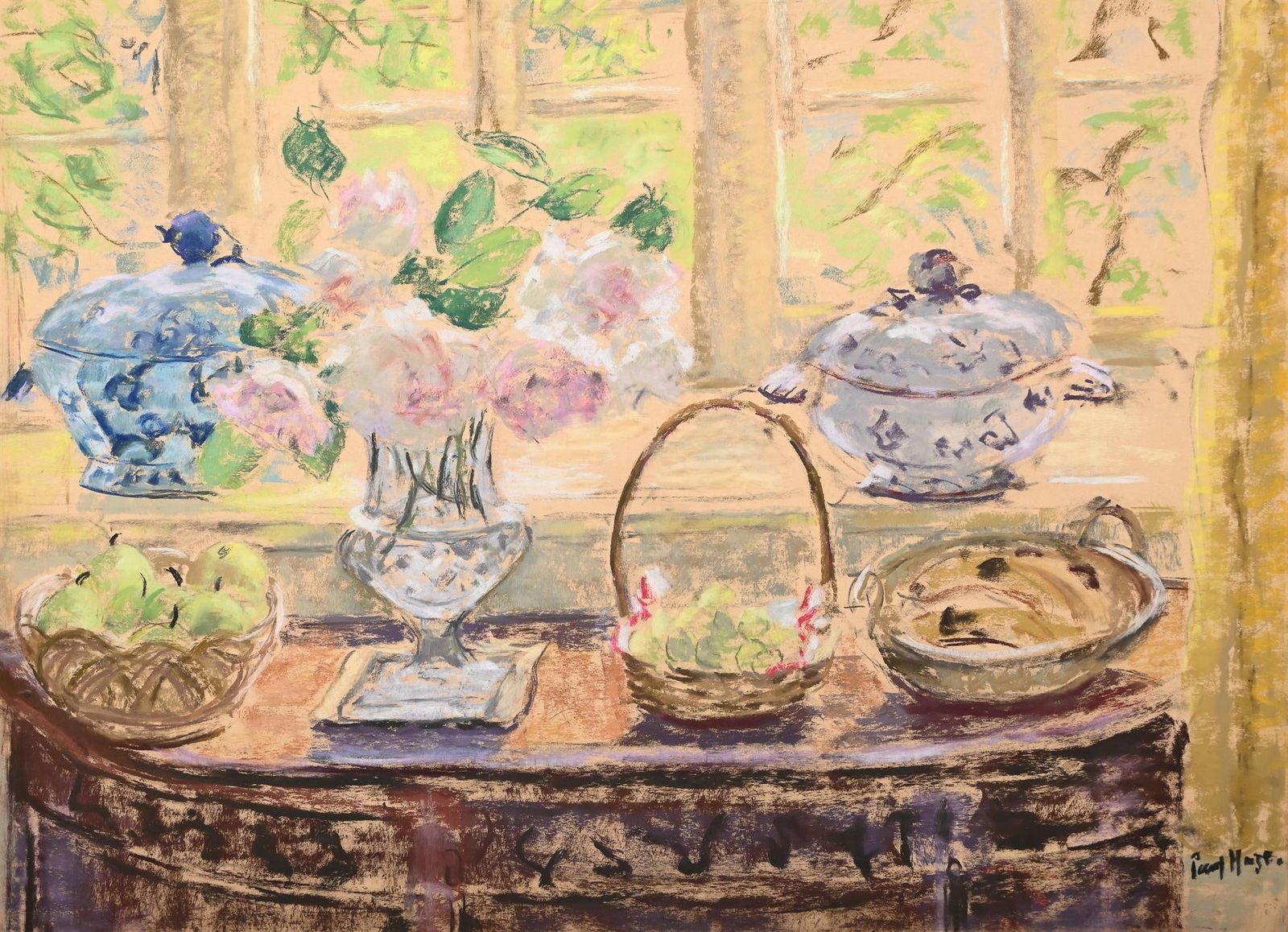 λ PAUL LUCIEN MAZE (FRENCH/BRITISH 1887-1979), STILL LIFE IN FRONT OF A WINDOW: λ PAUL LUCIEN MAZE (FRENCH/BRITISH 1887-1979)STILL LIFE IN FRONT OF A WINDOW Pastel Signed (lower right)54 x 74cm (21¼ x 29 in.) λ indicates that this lot may be subject to Droit de Sui