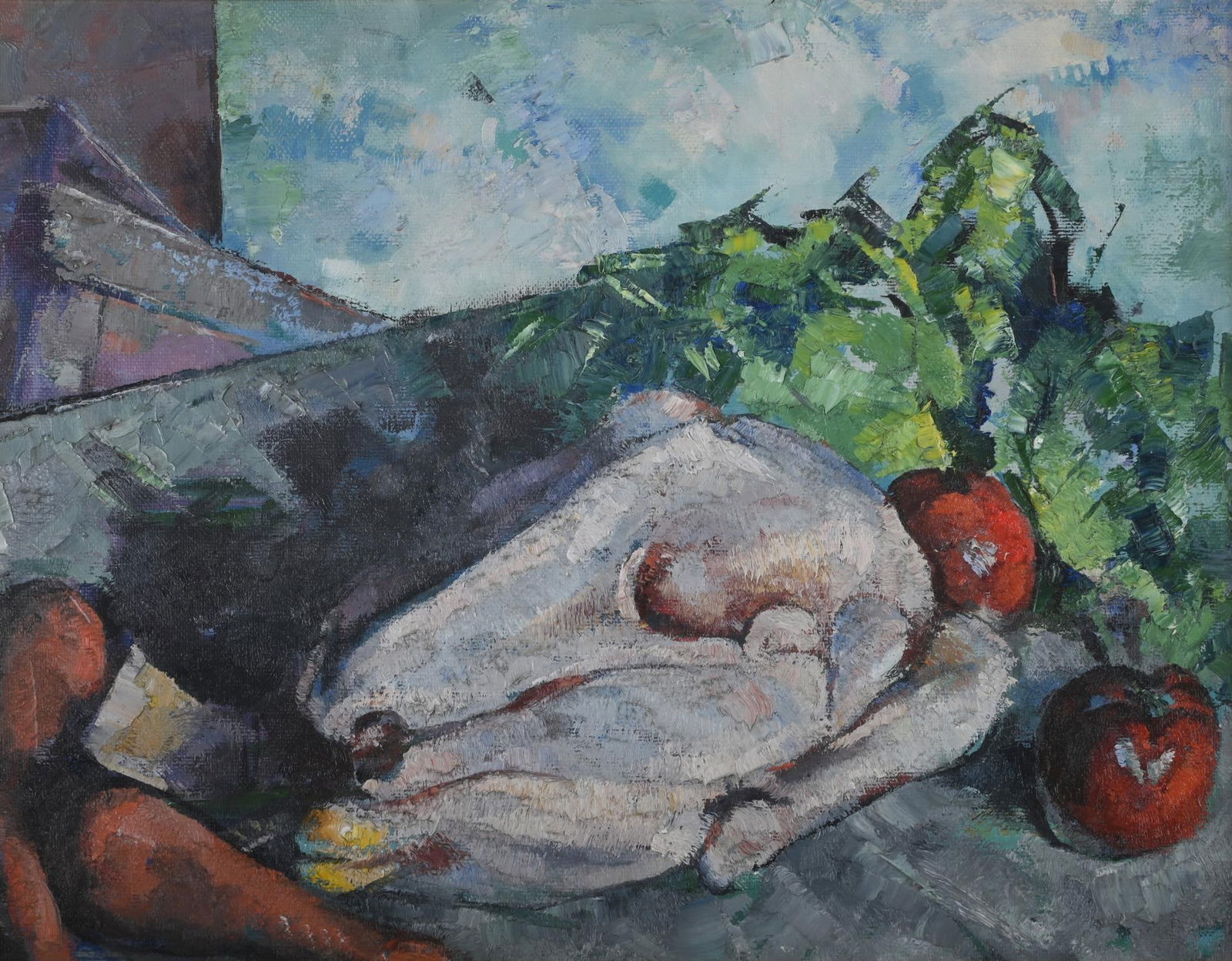 λ ALFRED WOLMARK (BRITISH 1877-1961), STILL LIFE WITH CHICKEN AND VEGETABLES: λ ALFRED WOLMARK (BRITISH 1877-1961)STILL LIFE WITH CHICKEN AND VEGETABLESOil on canvas41 x 51cm (16 x 20 in.)Provenance:Sale, Christie's, Frankham Mark Cross, Crowborough, East Sussex, 25 Septem