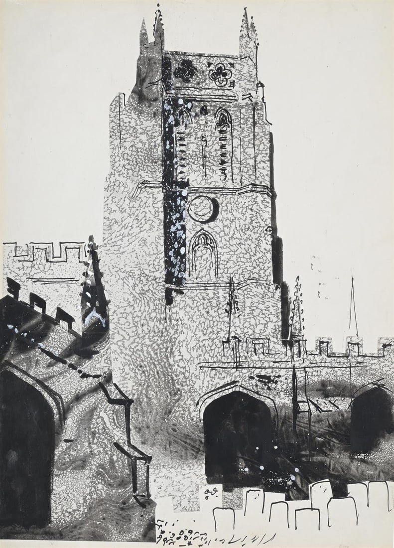λ JOHN PIPER (BRITISH 1903-1992), CHURCH TOWER: λ JOHN PIPER (BRITISH 1903-1992)CHURCH TOWERInk, watercolour, gouache and collage37.5 x 27.5cm (14¾ x 10¾ in.) λ indicates that this lot may be subject to Droit de Suite royalty ch