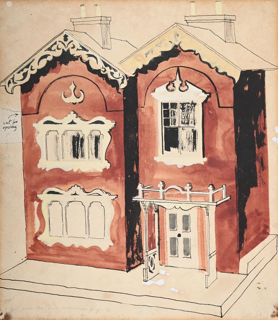 λ JOHN PIPER (BRITISH 1903-1992), CAROLINE'S FIRST DOLL'S HOUSE: λ JOHN PIPER (BRITISH 1903-1992)CAROLINE'S FIRST DOLL'S HOUSEInk and watercolourDated Dec '43 (lower right); variously inscribed (lower left)33 x 28cm (12 x 11 in.)Provenance:Katharine Church (19