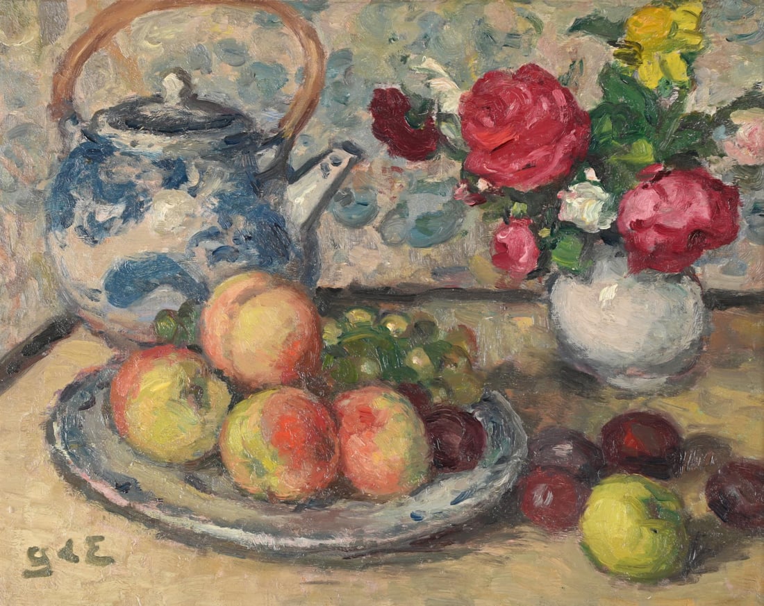 GEORGES D'ESPAGNAT (FRENCH 1870-1950), NATURE MORTE AUX FLEURS ET FRUITS: GEORGES D'ESPAGNAT (FRENCH 1870-1950)NATURE MORTE AUX FLEURS ET FRUITS Oil on panel Signed with initials (lower left)32 x 41cm (12½ x 16 in.)The authenticity of this work has been confirmed by Je