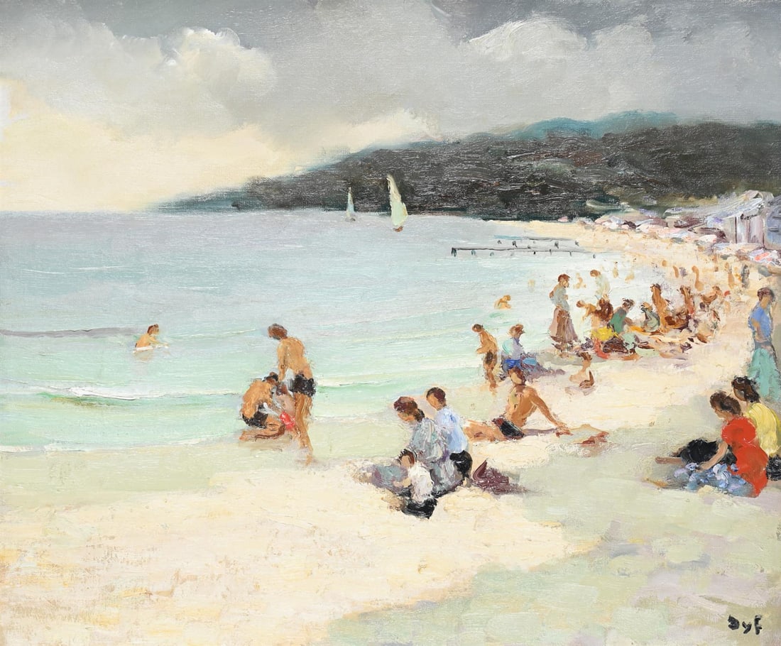 λ MARCEL DYF (FRENCH 1899-1985), SCÈNE DE PLAGE: LE FOGEO ARZON (BRETAGNE SUD): λ MARCEL DYF (FRENCH 1899-1985)SCÈNE DE PLAGE: LE FOGEO ARZON (BRETAGNE SUD)Oil on canvasSigned (lower right)54 x 65cm (21¼ x 25½ in.)Painted circa 1970. Provenance:Sale, Phillips,