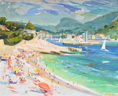 λ JOHN CUNNINGHAM (SCOTTISH 1926-1998), LA PLAGE, BESTOUAN - CASSIS: λ JOHN CUNNINGHAM (SCOTTISH 1926-1998)LA PLAGE, BESTOUAN - CASSISOil on canvas Signed (lower right); further signed, titled and dated 71 to label (verso) 63.5 x 76cm (25 x 29¾ in.)Provenance