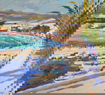 λ JOHN CUNNINGHAM (SCOTTISH 1926-1998), PROMENADE, LA CIOTAT: λ JOHN CUNNINGHAM (SCOTTISH 1926-1998)PROMENADE, LA CIOTATOil on canvas Signed (lower right); further signed, titled and dated 71 to label (verso)51 x 56cm (20 x 22 in.) Provenance:Ian MacNicol,