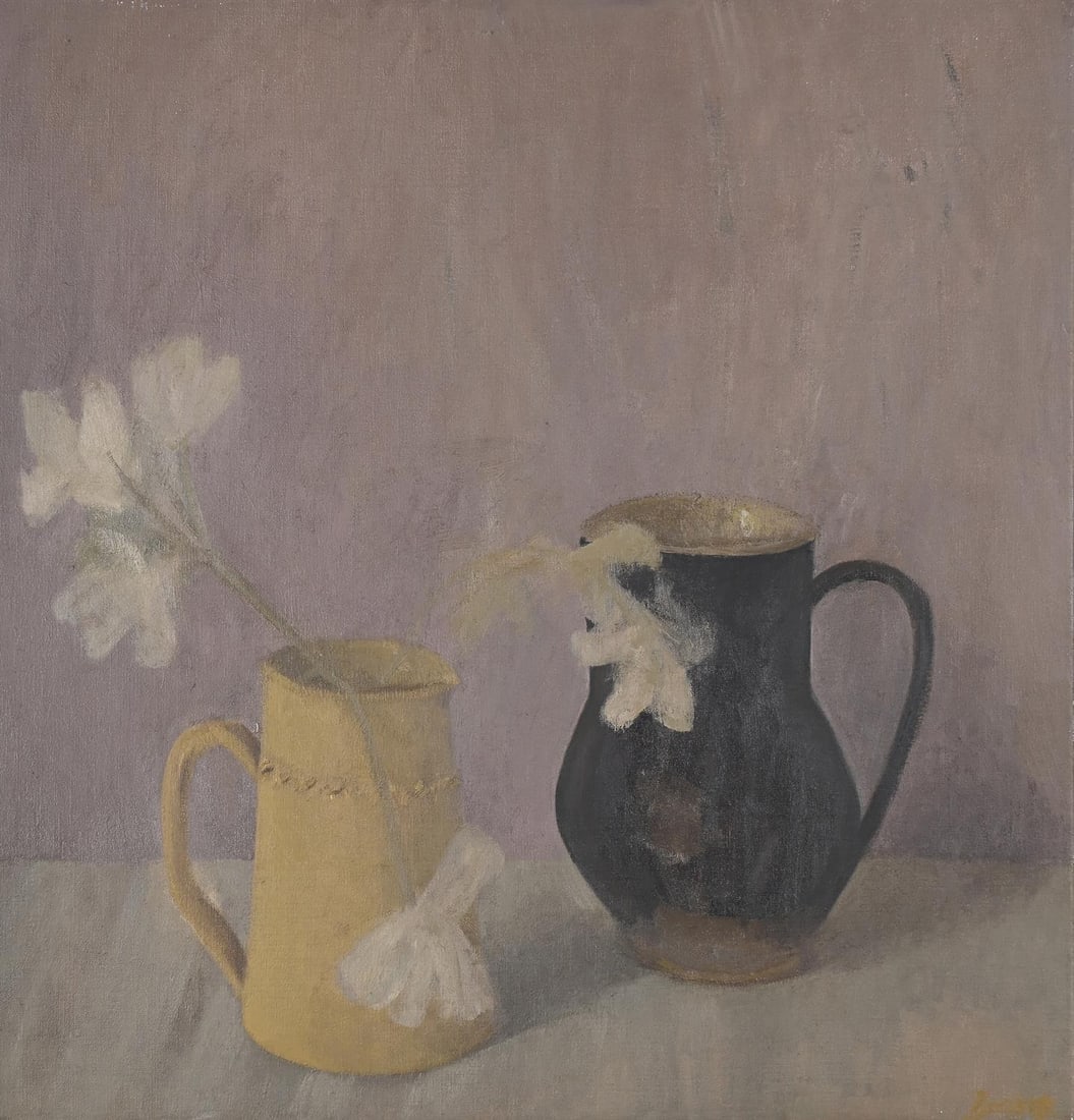 λ HAIDEE BECKER (BRITISH B. 1950), TWO JUGS AND WHITE ANENOMES: λ HAIDEE BECKER (BRITISH B. 1950)TWO JUGS AND WHITE ANENOMESOil on canvas Signed, titled and dated 2005 (verso)61 x 59cm (24 x 23 in.)Exhibited:London, Fine Arts Society, Mixed Contemporary Show,