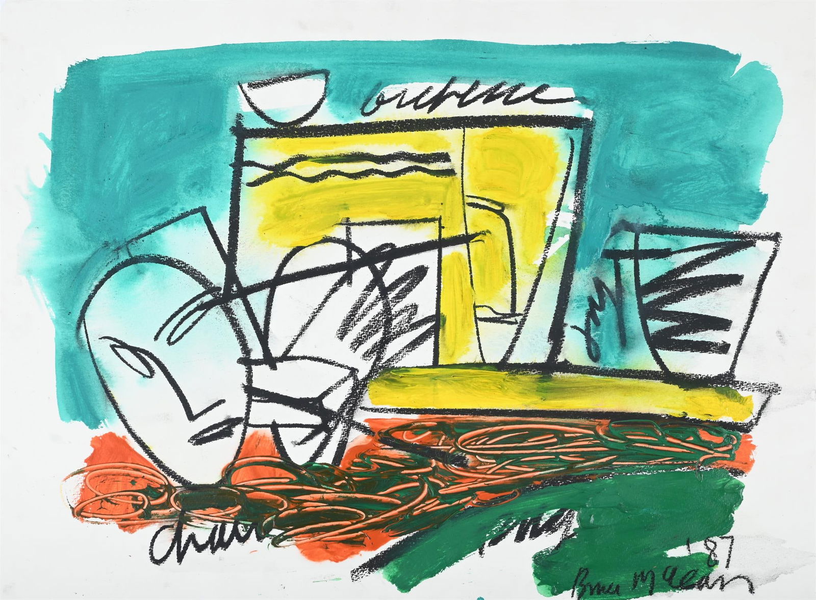 λ BRUCE MCLEAN (BRITISH B. 1944), UNTITLED: λ BRUCE MCLEAN (BRITISH B. 1944)UNTITLEDGouache, ink and acrylic on paperSigned and dated '87 (lower right)56 x 75cm (22 x 29½ in.)Provenance:Galerie Gmyrek, Dusseldorf λ indicates that