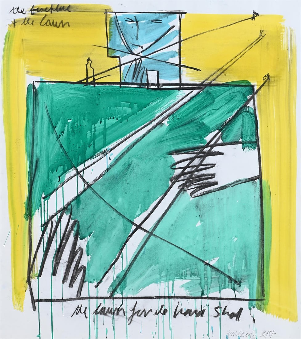 λ BRUCE MCLEAN (BRITISH B. 1944), THE FIREPLACE AND THE LAWN: λ BRUCE MCLEAN (BRITISH B. 1944)THE FIREPLACE AND THE LAWNAcrylic and ink on paperSigned and dated 1987 (lower right), titled (upper left)111 x 99cm (43½ x 38¾ in.)Provenance:Galerie Gm
