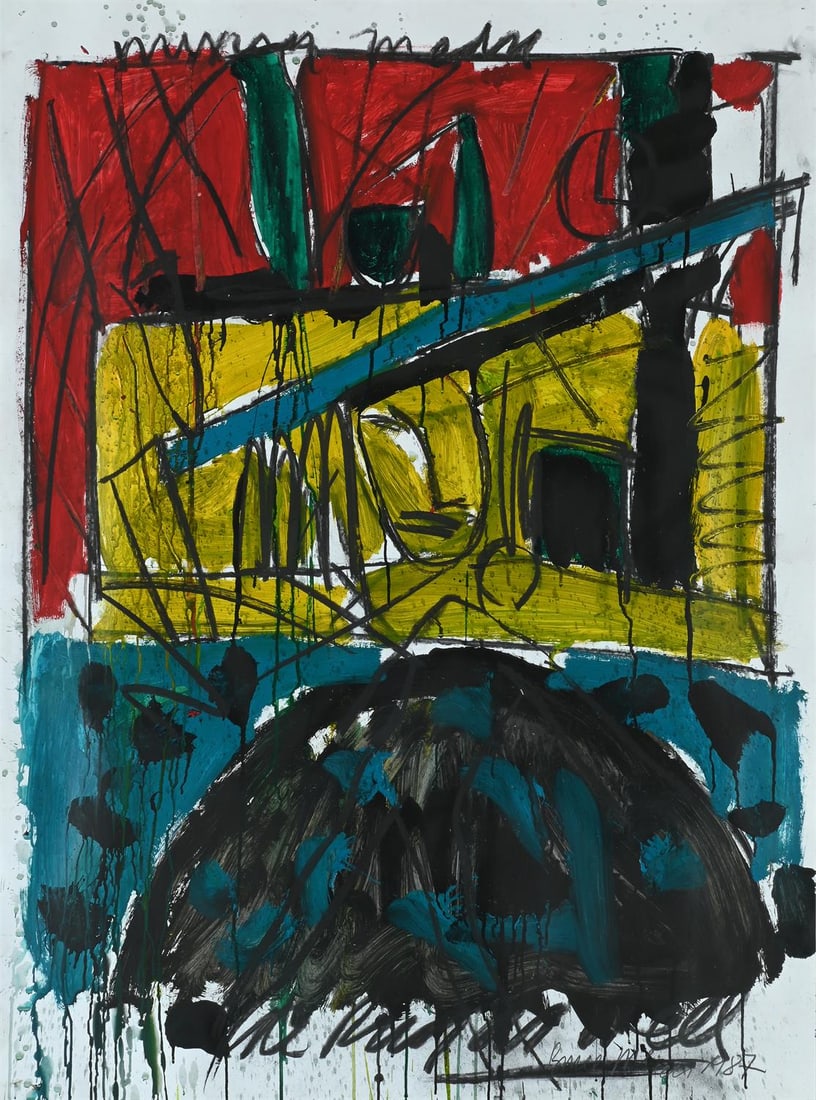 λ BRUCE MCLEAN (BRITISH B. 1944), MINKS MAN, A RUG AS WELL: λ BRUCE MCLEAN (BRITISH B. 1944)MINKS MAN, A RUG AS WELLAcrylic and ink on paperSigned and dated 1987 (lower right), titled (upper and lower edge)137 x 100cm (53¾ x 39¼ in.)Provenance:G