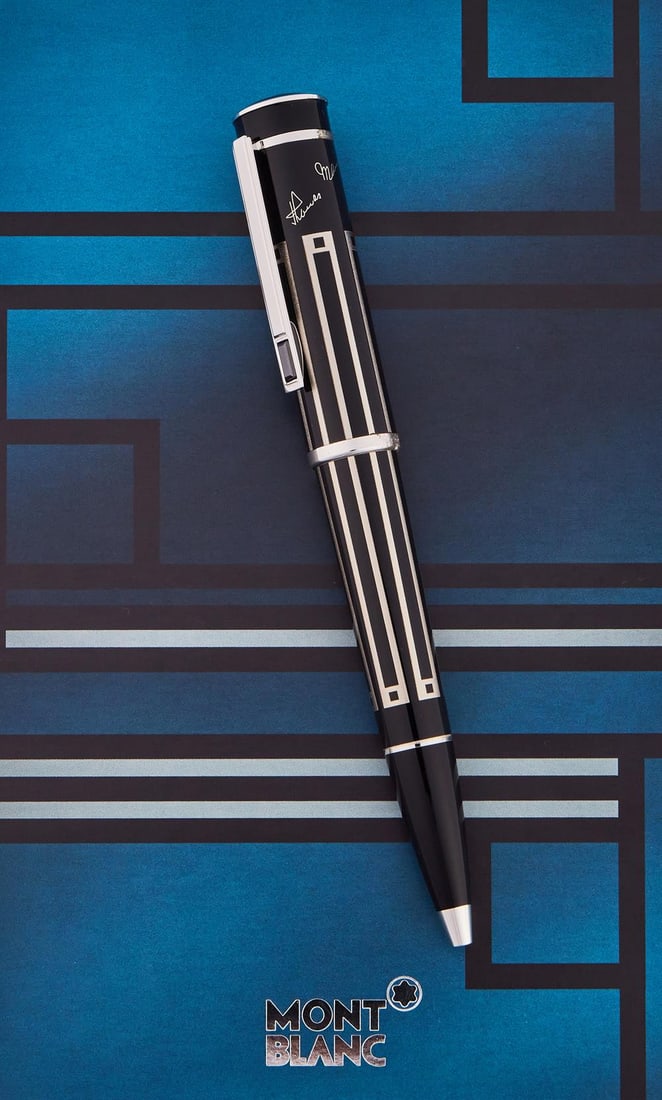 MONTBLANC, WRITERS EDITION, THOMAS MANN, A LIMITED EDITION BALLPOINT PEN: MONTBLANC, WRITERS EDITION, THOMAS MANN A LIMITED EDITION BALLPOINT PEN, NO. 0678/15000, 2009 Cap and Barrel: Black and silver effect geometric enamel with chromed clip, Thomas Mann facsimile signatur