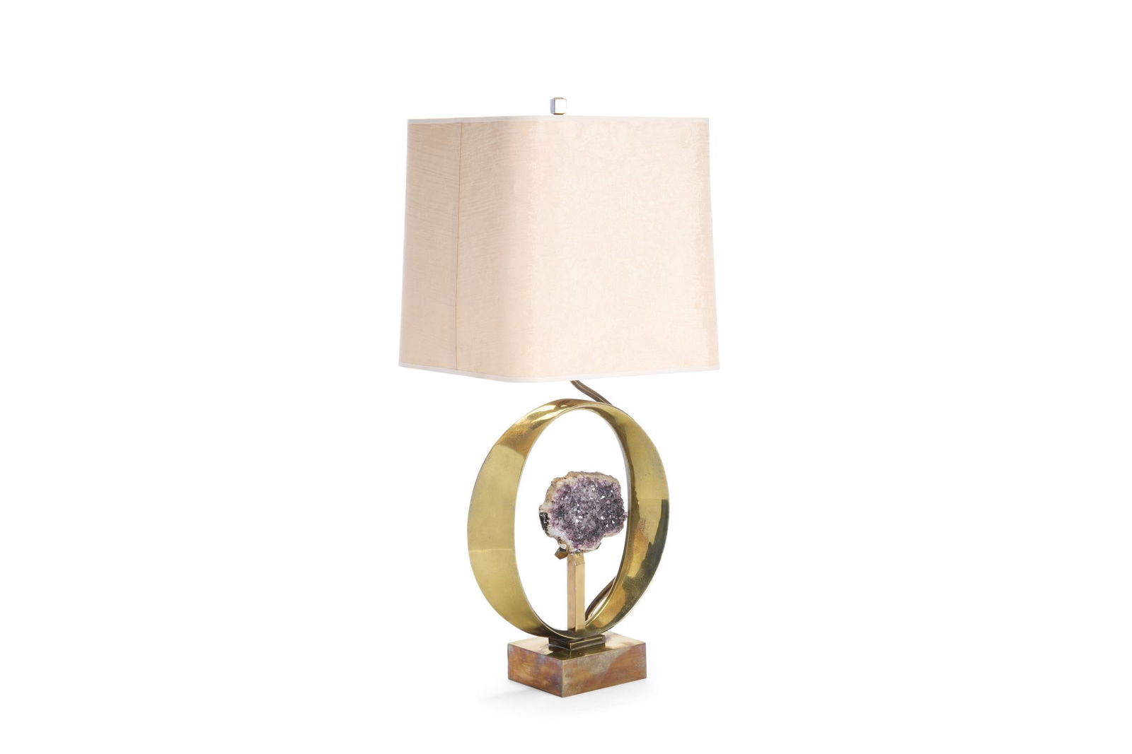 WILLY DARO (BELGIAN, 1918-1997), A BRASS AND SPECIMEN AMETHYST LAMP; CIRCA 1970: WILLY DARO (BELGIAN, 1918-1997)A BRASS AND SPECIMEN AMETHYST LAMP; CIRCA 1970With peach-coloured squared shade Inscribed 'Willy DARO', and stamped '14' in two places, to the base66cm high