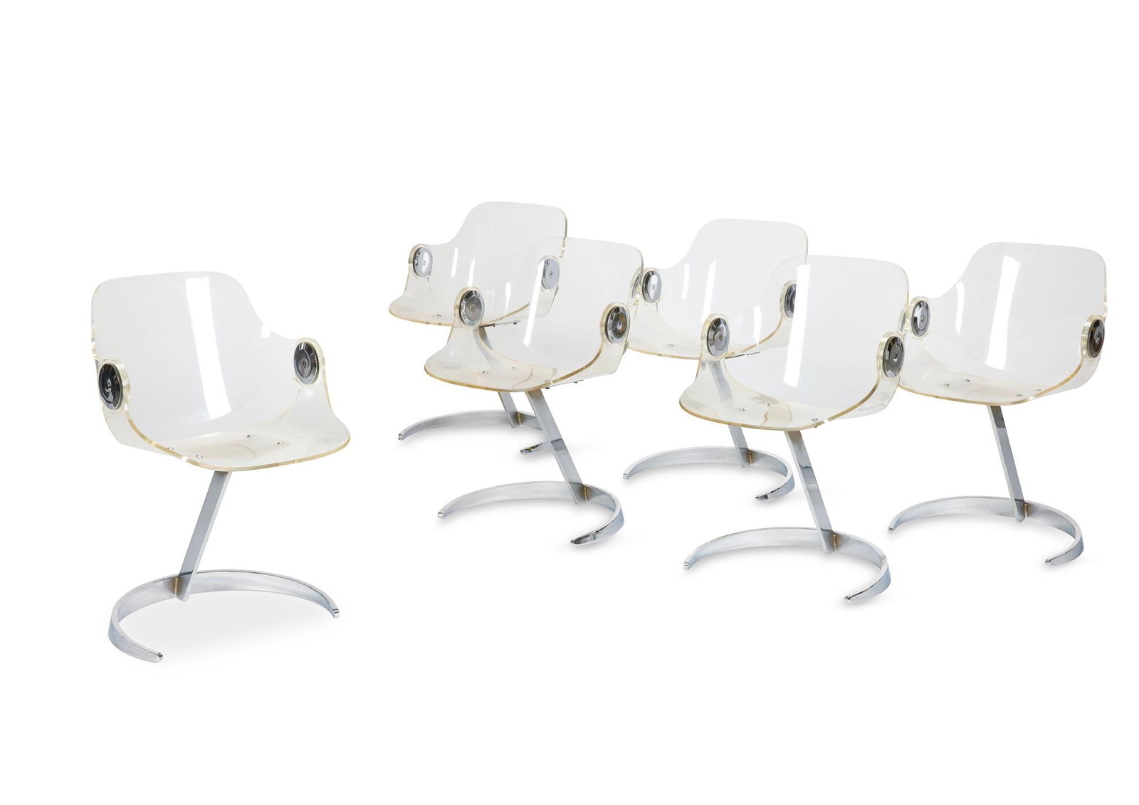 SET OF SIX TUB CHAIRS; SECOND HALF 20TH CENTURY: SET OF SIX TUB CHAIRS; SECOND HALF 20TH CENTURY Plexiglass and chromed metal78cm high, 52cm wide, 46.5cm deep Please note these chairs/this design have been mistakenly attributed to Boris Tabacoff (in