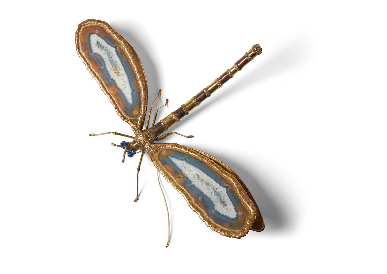ATTRIBUTED TO JACQUES DUVAL-BRASSEUR; A LARGE DRAGONFLY WALL LIGHT; SECOND HALF 20TH CENTURY: JACQUES DUVAL-BRASSEUR (FRENCH, 1934-2021) ATTRIBUTEDA LARGE DRAGONFLY WALL LIGHT; SECOND HALF 20TH CENTURYPatinated and gilt metals, with blue and white agate51.5cm x 82cm
