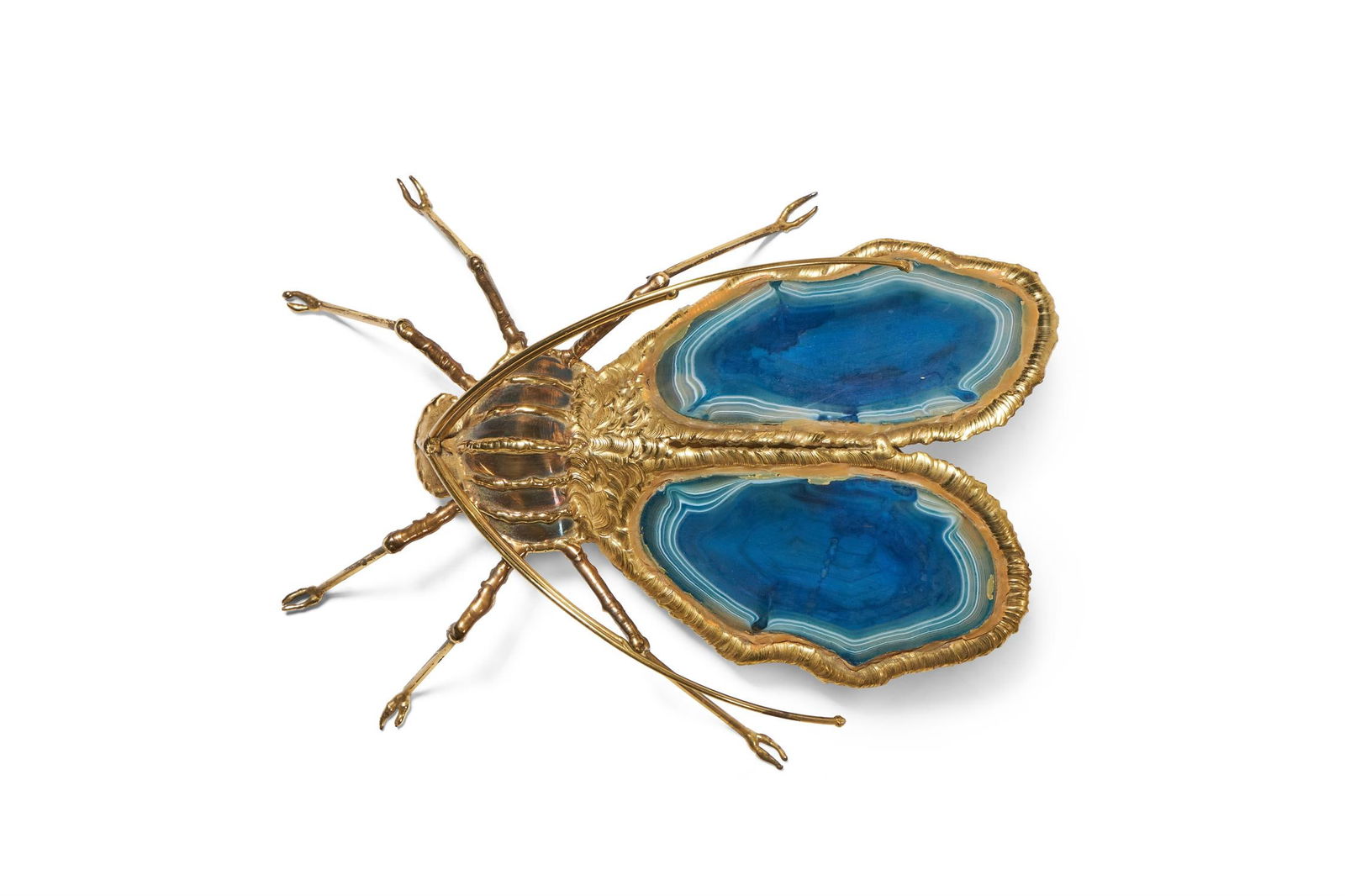Y JACQUES DUVAL-BRASSEUR (FRENCH, 1934-2021), ATTRIBUTED: Y JACQUES DUVAL-BRASSEUR (FRENCH, 1934-2021), ATTRIBUTEDA GILT METAL AND BLUE AGATE BEETLE TABLE LIGHT; SECOND HALF 20TH CENTURYWith single light32.5cm x 24cm ϒ Indicates that this lot may be sub