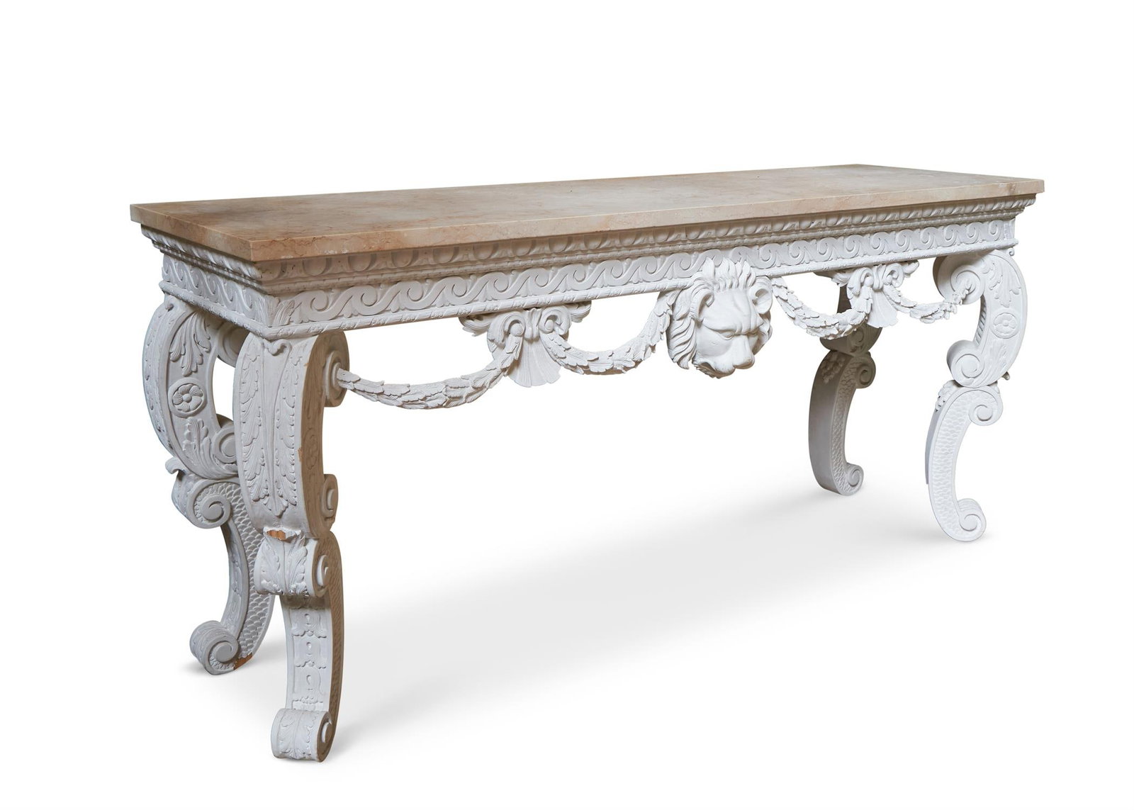 A WHITE PAINTED SIDE TABLE, MODERN, IN THE MANNER OF WILLIAM KENT: A WHITE PAINTED SIDE TABLEMODERN, IN THE MANNER OF WILLIAM KENT With a marble top above a Vitruvian scroll carved frieze centred with a lion mask95cm high, 202cm wide, 60cm deep