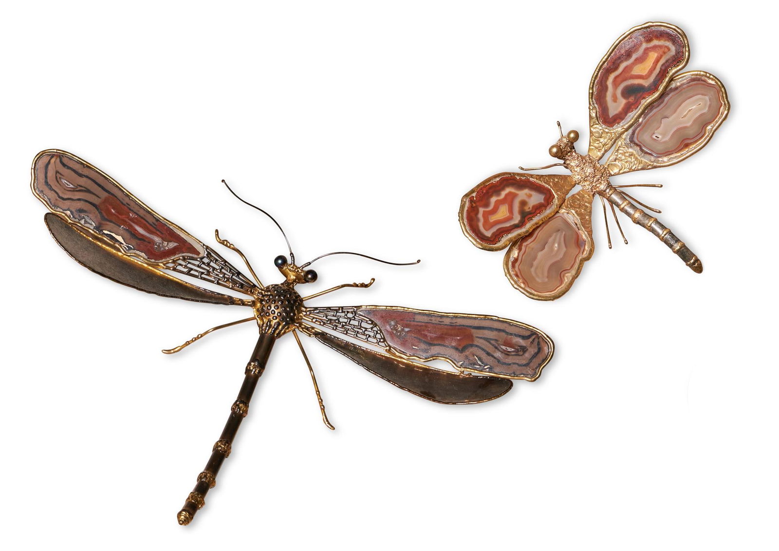 ATTRIBUTED TO JACQUES DUVAL-BRASSEUR; TWO 'DRAGONFLY' WALL LIGHTS; SECOND HALF 20TH CENTURY: JACQUES DUVAL-BRASSEUR (FRENCH, 1934-2021), ATTRIBUTEDTWO AGATE AND GILT METAL 'DRAGONFLY' WALL LIGHTS; SECOND HALF 20TH CENTURYAlso with patinated and burnished metal finishesLarger: 65cm x 45cmSmall