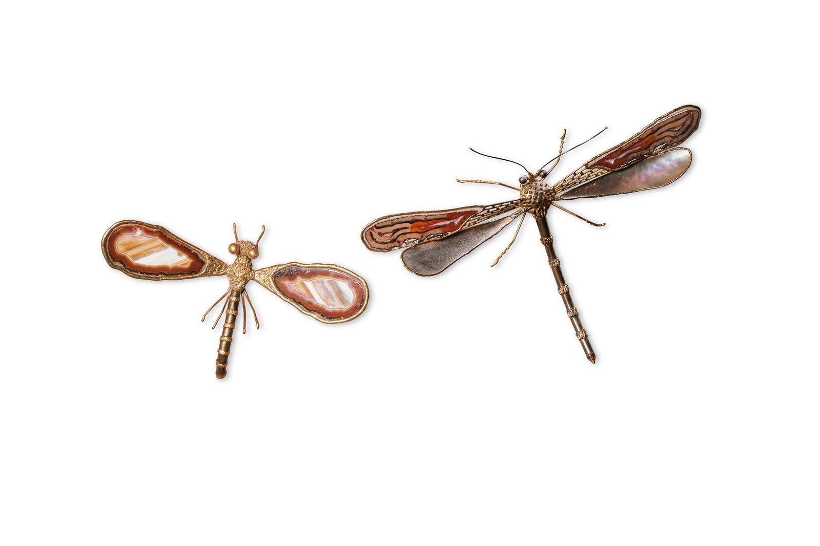 JACQUES DUVAL-BRASSEUR (FRENCH, 1934-2021), ATTRIBUTED: JACQUES DUVAL-BRASSEUR (FRENCH, 1934-2021), ATTRIBUTEDTWO GILT METAL AND AGATE 'DRAGONFLY' WALL LIGHTS; SECOND HALF 20TH CENTURYWith burnished finish to metal tailsLarger: 35cm x 47cmSmaller: 29cm x 4