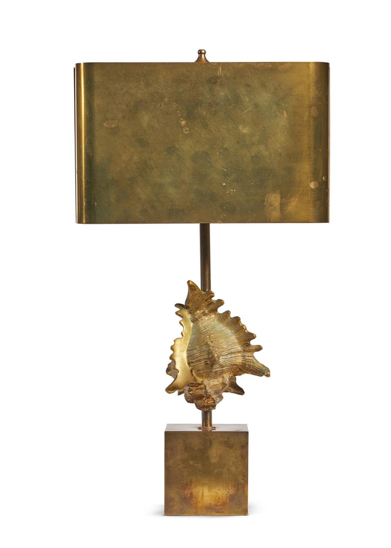 MAISON CHARLES (FRENCH) A BRONZE SHELL LAMP; SECOND HALF 20TH CENTURY: MAISON CHARLES (FRENCH)A BRONZE SHELL LAMP; SECOND HALF 20TH CENTURYWith squared sheet metal shadeStamped 'CHARLES' and 'MADE IN FRANCE' to cube base53.8cm high