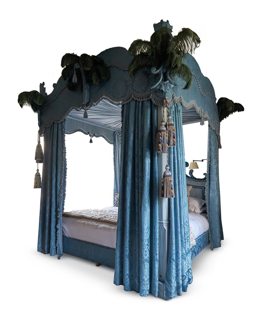 A BLUE DAMASK AND BLUE OSTRICH FEATHER FOUR POSTER BED, MODERN: A BLUE DAMASK AND BLUE OSTRICH FEATHER FOUR POSTER BEDMODERN, DESIGNED BY ROBERT COUTURIERThe canopy with additional finials (not illustrated), includes boxspring270cm high without additional finials,