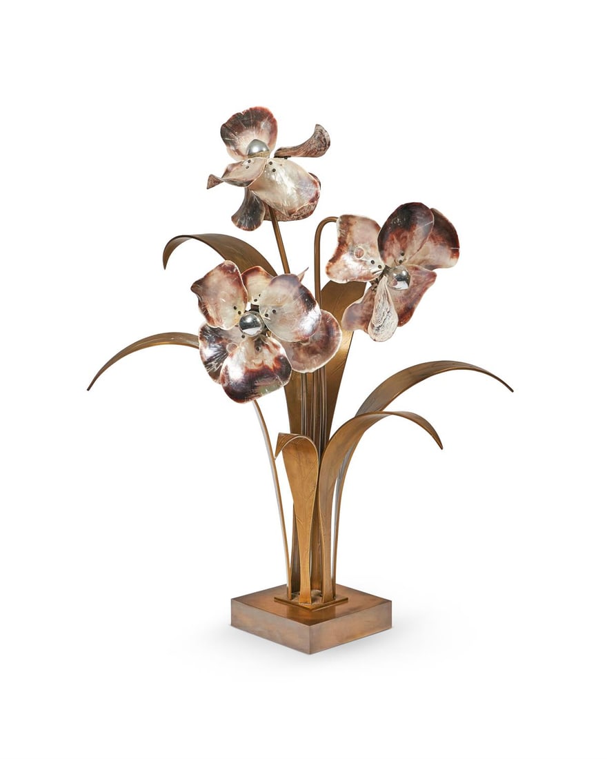 WILLY DARO (BELGIAN, 1912-1990); A FLORAL LAMP; CIRCA 1970: WILLY DARO (BELGIAN, 1912-1990)A FLORAL LAMP; CIRCA 1970Gilt bronze, with iridescent sea shell petals; with three lightsSigned 'Willy DARO' to base 97.5cm high, 82cm wide, 62cm deep