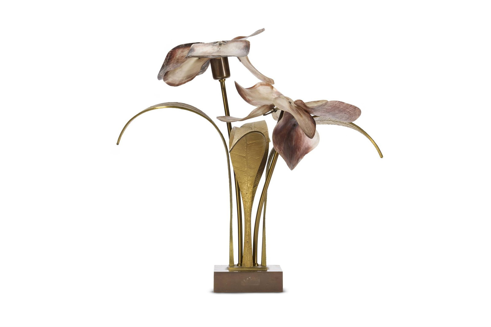 WILLY DARO (BELGIAN, 1912-1990); A FLORAL LAMP; CIRCA 1970: WILLY DARO (BELGIAN, 1912-1990)A FLORAL LAMP; CIRCA 1970Patinated and gilt bronze, with iridescent sea shell petalsSigned 'Willy DARO' to base 52cm high