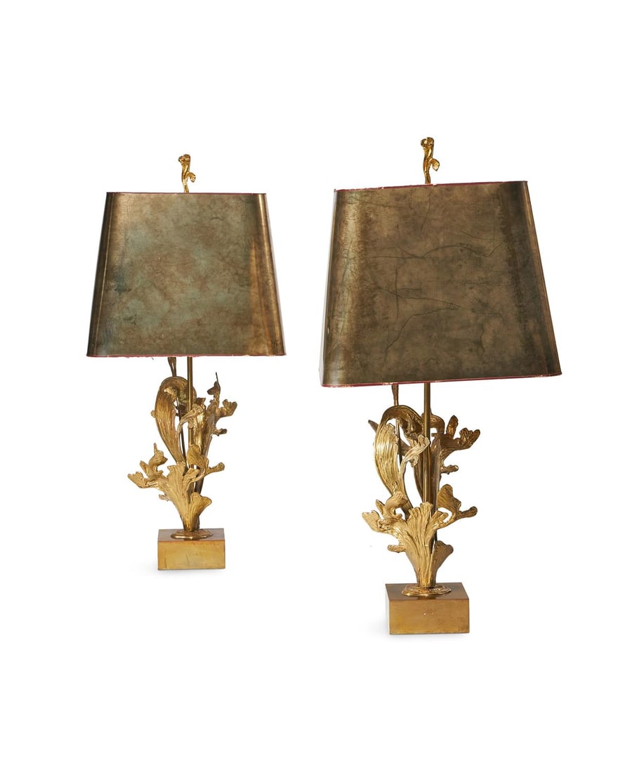 MAISON CHARLES (FRENCH); ATTRIBUTED; A PAIR OF SEA FOLIATE BRONZE LAMPS; SECOND HALF 20TH CENTURY: MAISON CHARLES (FRENCH); ATTRIBUTEDA PAIR OF SEA FOLIATE BRONZE LAMPS; SECOND HALF 20TH CENTURYWith metal-look foil squared shades85cm high
