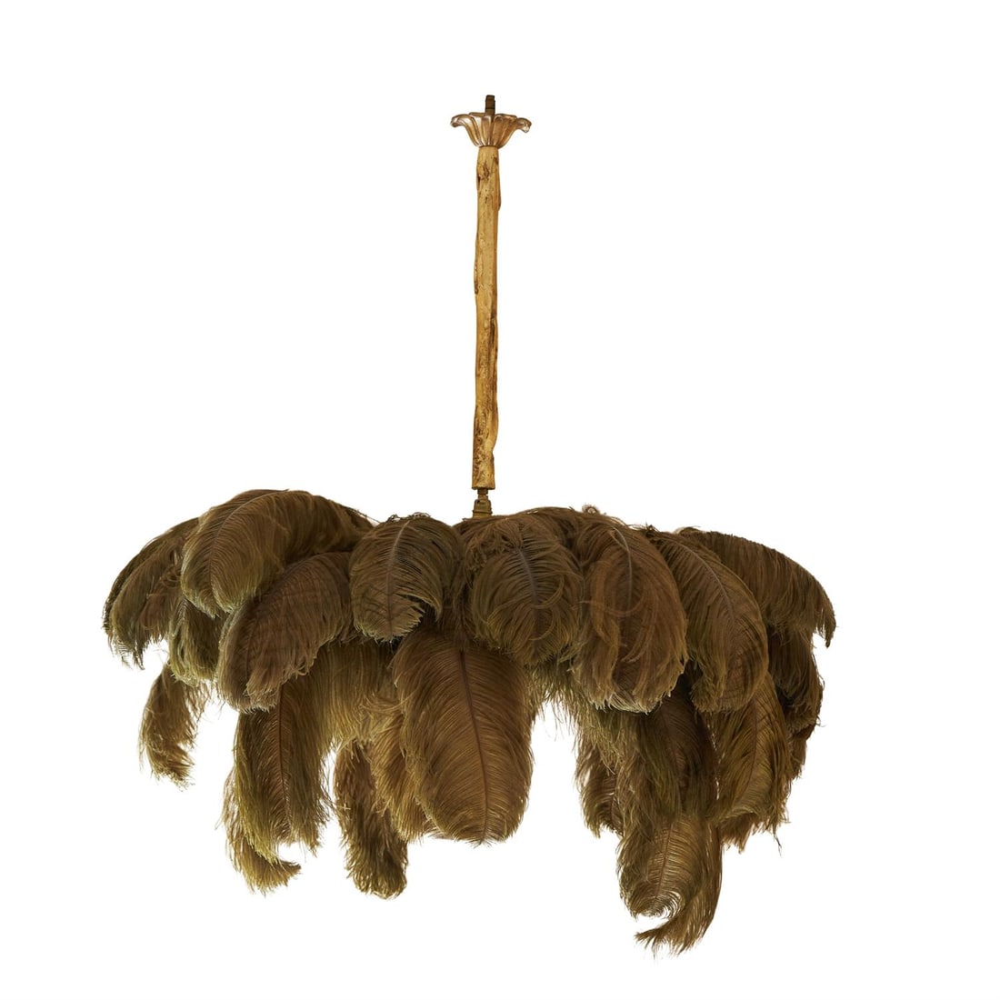 A GILT RESIN AND DARK GREEN OSTRICH FEATHER PENDANT HANGING LIGHT, MODERN (1 of 3)