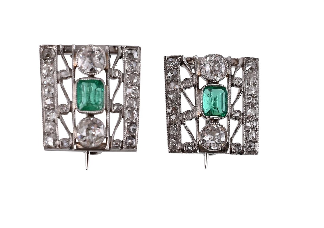 TWO EMERALD AND DIAMOND BROOCHES (1 of 1)