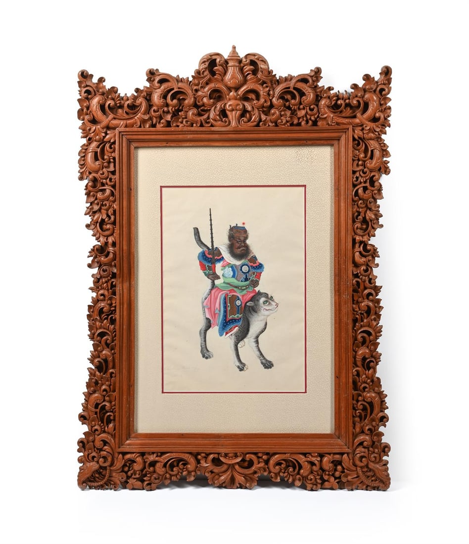 A Chinese gouache painting of zhongkui on a tiger (1 of 2)