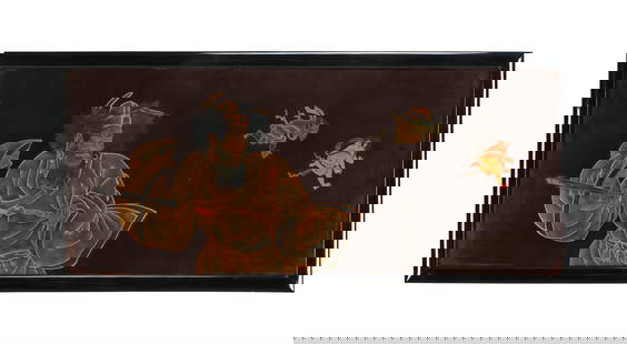 A Japanese Roiro Lacquered Panel: A Japanese Roiro Lacquered Panel, Meiji-Taisho Era, of rectangular form with raised rim, decorated in tones of gold and pink togidashi on roiro with Shoki, the Demon Queller, drawing his sword in purs