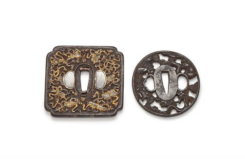 A Japanese Namban Iron Tsuba: A Japanese Namban Iron Tsuba, 18th Century, of square form carved in relief and gold nunome with Chinese emblems and devices, the hitsu-ana plugged in shakudo, approximately 7.7cm diameter, unsigned;