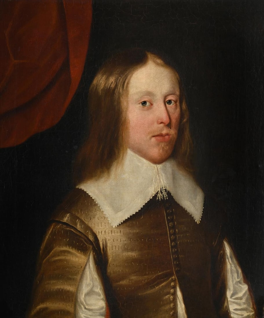 THOMAS LEIGH (BRITISH ACTIVE CIRCA 1634-1656), PORTRAIT OF ROBERT DAVIES (1615-1666) OF GWYSANEY: THOMAS LEIGH (BRITISH ACTIVE CIRCA 1634-1656)PORTRAIT OF ROBERT DAVIES (1615-1666) OF GWYSANEY, HALF-LENGTH, IN A BROWN SLASHED DOUBLET Oil on canvasSigned and dated 'T. Leigh/fecit/An.o 1643' (centre