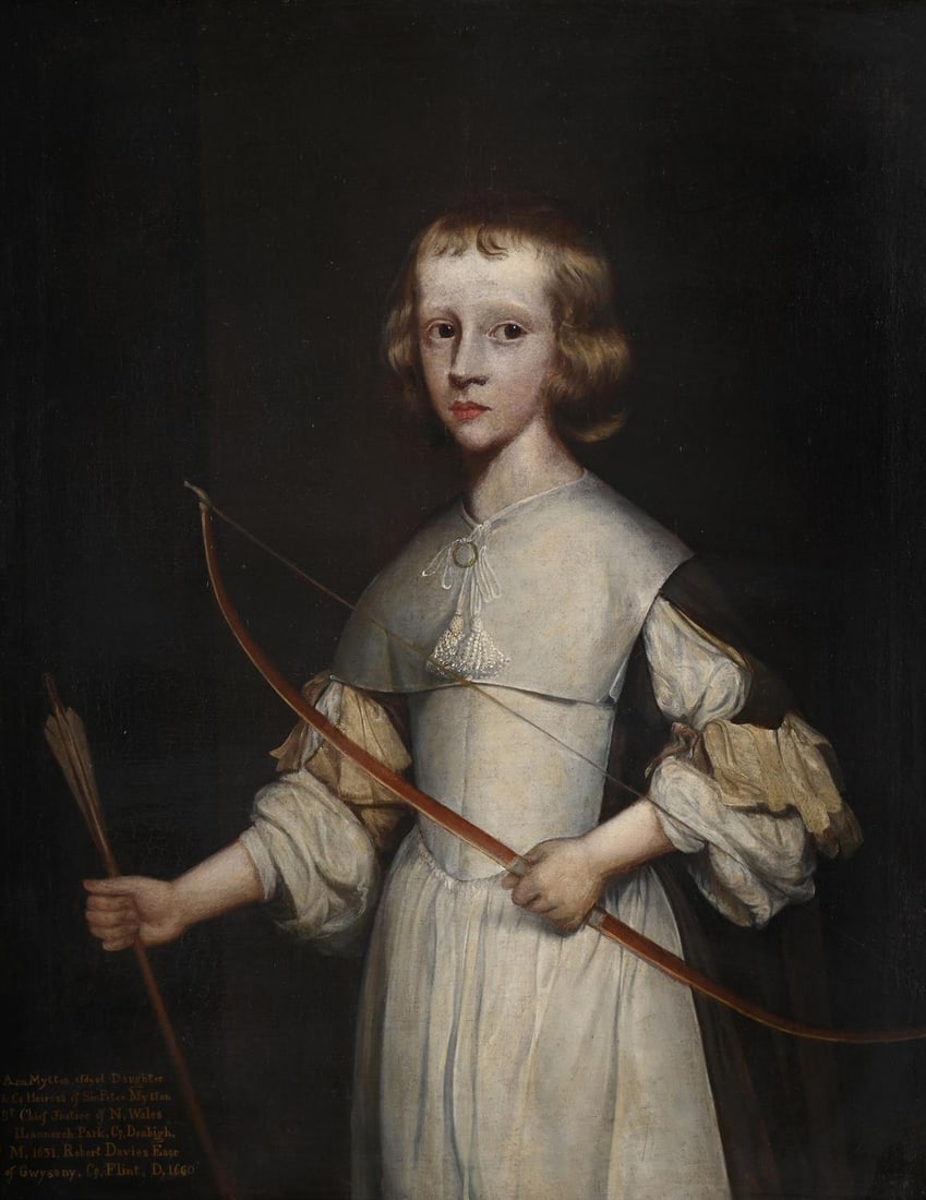 ENGLISH SCHOOL (CIRCA 1625), PORTRAIT OF ANN MYTTON (D. 1690): ENGLISH SCHOOL (CIRCA 1625)PORTRAIT OF ANN MYTTON (D. 1690), WIFE OF ROBERT DAVIES, AS A CHILD, THREE-QUARTER-LENGTH, IN A BLACK AND WHITE DRESS, HOLDING A BOW AND ARROWOil on canvasWith identifying i