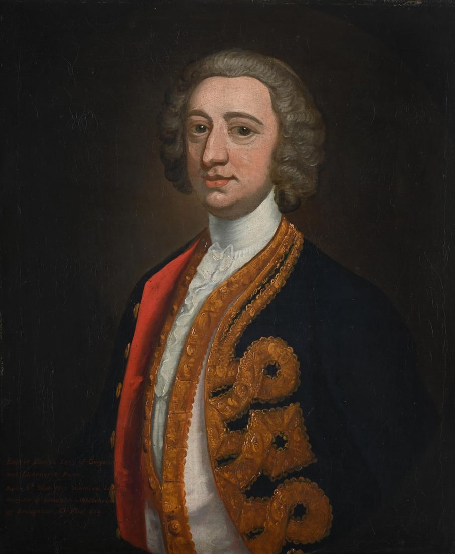CIRCLE OF JOHN VANDERBANK THE YOUNGER (BRITISH 1694-1739), PORTRAIT OF ROBERT DAVIES (B. 1712): CIRCLE OF JOHN VANDERBANK THE YOUNGER (BRITISH 1694-1739)PORTRAIT OF ROBERT DAVIES (B. 1712), OF GWYSANEY AND LLANNERCH IN A BLUE COAT WITH GOLD FACINGS AND RED LININGOil on canvas, feigned ovalWith i