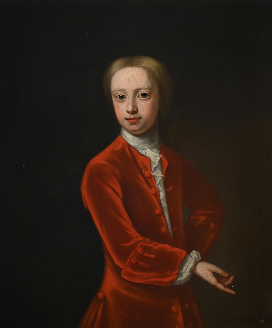 CIRCLE OF JAMES FELLOWES (BRITISH FL. 1719-1751), PORTRAIT OF ROBERT DAVIES (1684-1728): CIRCLE OF JAMES FELLOWES (BRITISH FL. 1719-1751)PORTRAIT OF ROBERT DAVIES (1684-1728) OF GWYSANEY, THREE-QUARTER-LENGTH, IN A RED VELVET COATOil on canvas74.5 x 62cm (29¼ x 24¼ in.)In a carv