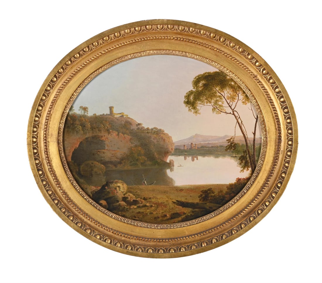JOSEPH WRIGHT OF DERBY (BRITISH 1734 - 1797), LAKE NEMI: JOSEPH WRIGHT OF DERBY (BRITISH 1734 - 1797)LAKE NEMIOil on canvas, oval29 x 34cm (11¼ x 13¼ in.)Provenance:The collection of Sir Gilbert InglefieldThence by descentLiterature:B. Nicholson,