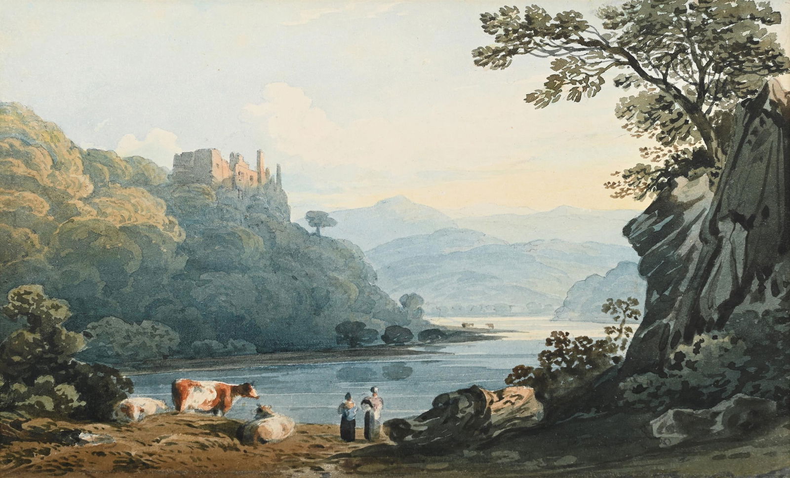 JOHN VARLEY (BRITISH 1778 - 1842), BERRY POMEROY CASTLE ABOVE THE RIVER DART: JOHN VARLEY (BRITISH 1778 - 1842)BERRY POMEROY CASTLE ABOVE THE RIVER DART, DEVONPencil and watercolour13.5 x 21cm (5¼ x 8¼ in.)Provenance:Leger Galleries, London, September 1968 The Boydell