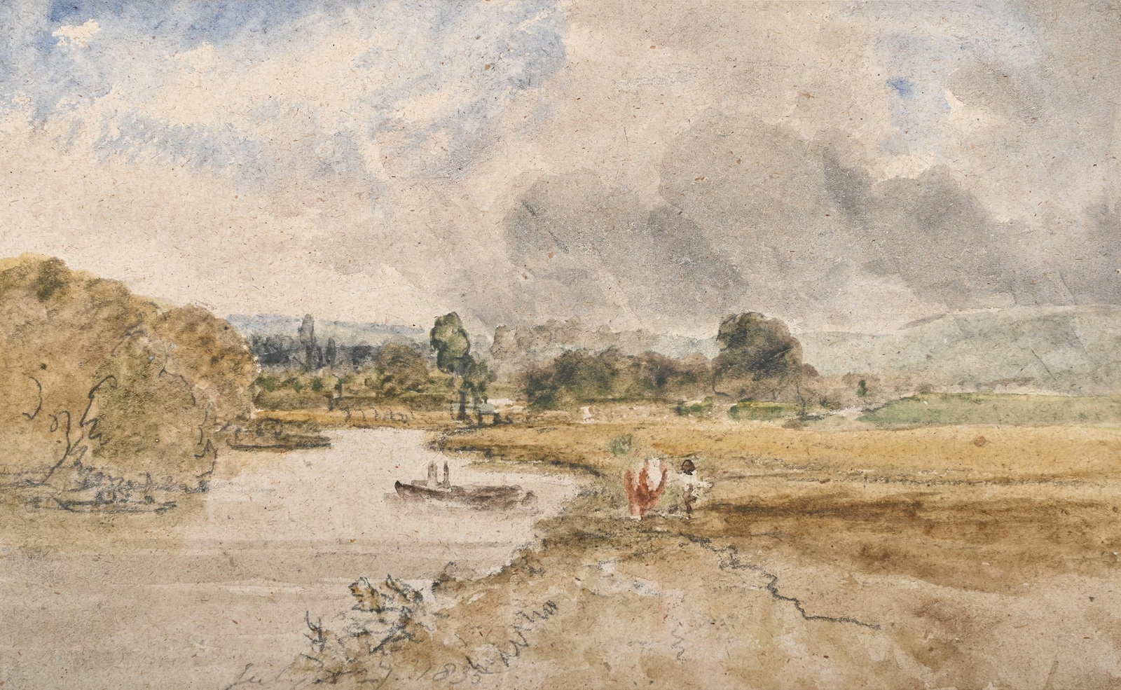 CIRCLE OF JOHN CONSTABLE (BRITISH 1776-1837), FIGURES IN A RIVER LANDSCAPE: CIRCLE OF JOHN CONSTABLE (BRITISH 1776-1837) FIGURES IN A RIVER LANDSCAPEPencil and watercolour Dated 'July 27. 1835' (lower left)16 x 25cm (6¼ x 9¾ in.)Provenance:Dr Theodore BestermanSale,