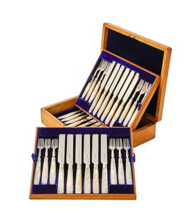 Y A CASED SET EIGHTEEN SILVER AND MOTHER OF PEARL FRUIT KNIVES AND FORKS: Y&nbsp;A CASED SET EIGHTEEN SILVER AND MOTHER OF PEARL FRUIT