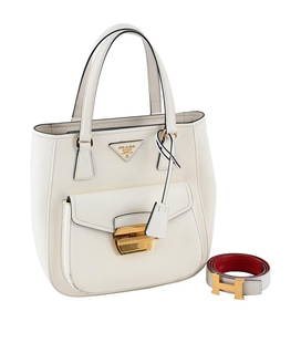 PRADA, METROPOLIS, WHITE SAFFIANO LEATHER HANDBAG AND HERMÈS, CONSTANCE, A REVERSABLE LEATHER B: PRADA, METROPOLIS, WHITE SAFFIANO LEATHER HANDBAG AND HERM&#200;S, CONSTANCE, A REVERSABLE LEATHER BELT WITH GILT BUCKLE