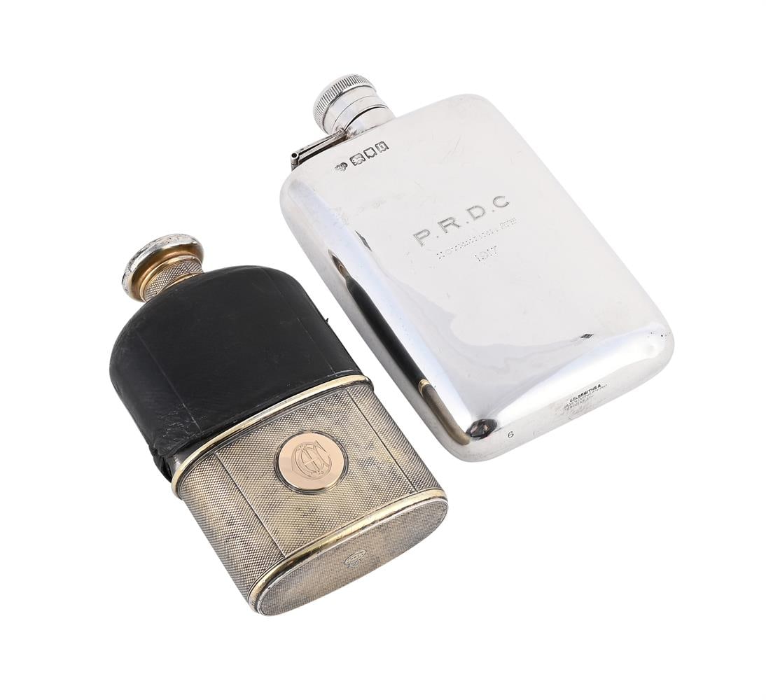 A VICTORIAN SILVER GILT AND LEATHER MOUNTED SPIRIT FLASK: A VICTORIAN SILVER GILT AND LEATHER MOUNTED SPIRIT FLASK